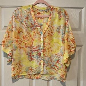 Bright Yellow Semi-Sheer Button Down Floral Shirt Sz Small
